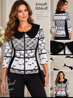 Joseph Ribkoff Black and White Patterned Button collar zip up Jacket